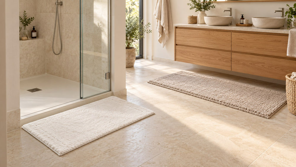 Tessile chiaro in spugna davanti a una doccia e tappeto neutro davanti al lavabo in un bagno luminoso