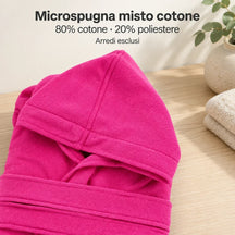 Dettaglio della microspugna Fucsia dell’accappatoio Wimbledon, con composizione del tessuto riportata nell’immagine.