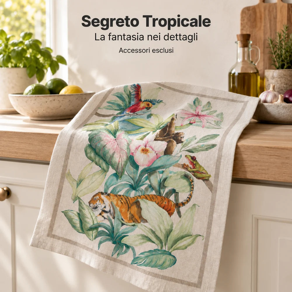 Fantasie artistiche: dettaglio del canovaccio Segreto Tropicale drappeggiato sul piano cucina. Foto illustrativa: Segreto Tropicale. Accessori esclusi.