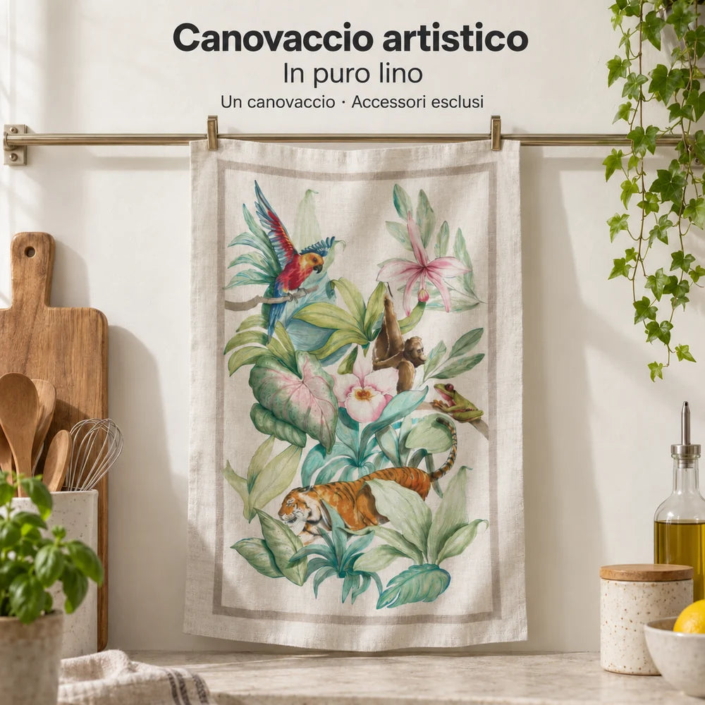 Canovaccio artistico in puro lino Segreto Tropicale appeso aperto, con stampa botanica e animali. Foto illustrativa: Segreto Tropicale. Accessori esclusi.
