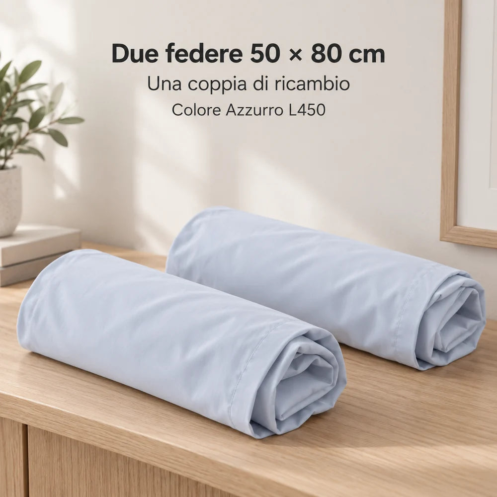 Due federe 50 × 80 cm. Una coppia di ricambio. Foto illustrativa: Azzurro L450. Guanciali, imbottiture, lenzuola, arredi e accessori esclusi.