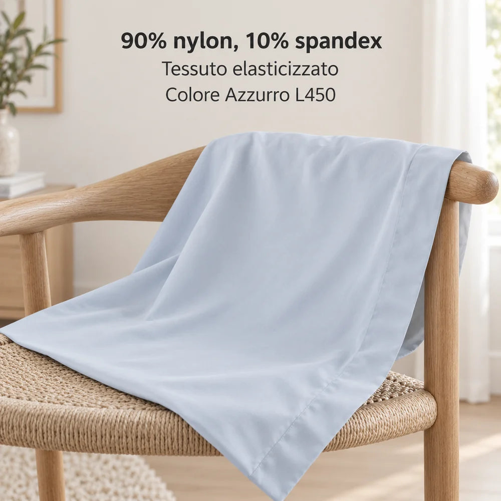 90% nylon, 10% spandex. Tessuto elasticizzato. Foto illustrativa: Azzurro L450. Guanciali, imbottiture, lenzuola, arredi e accessori esclusi.