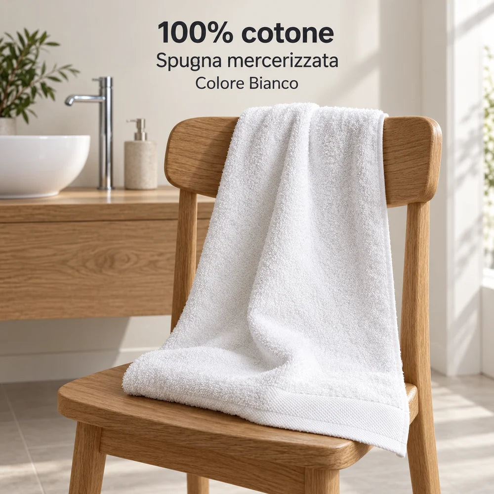 100% cotone mercerizzato: asciugamano viso Bianco aperto sullo schienale di una sedia. Foto illustrativa: Bianco. Arredi e accessori esclusi.