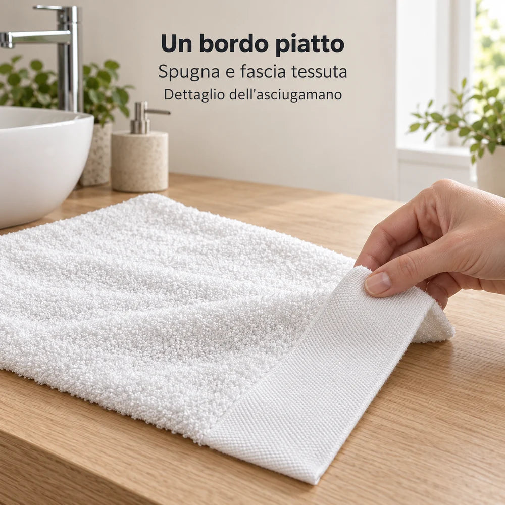 Spugna e fascia tessuta: dettaglio dell’ospite Bianco con una mano che solleva il bordo. Foto illustrativa: Bianco. Arredi e accessori esclusi.