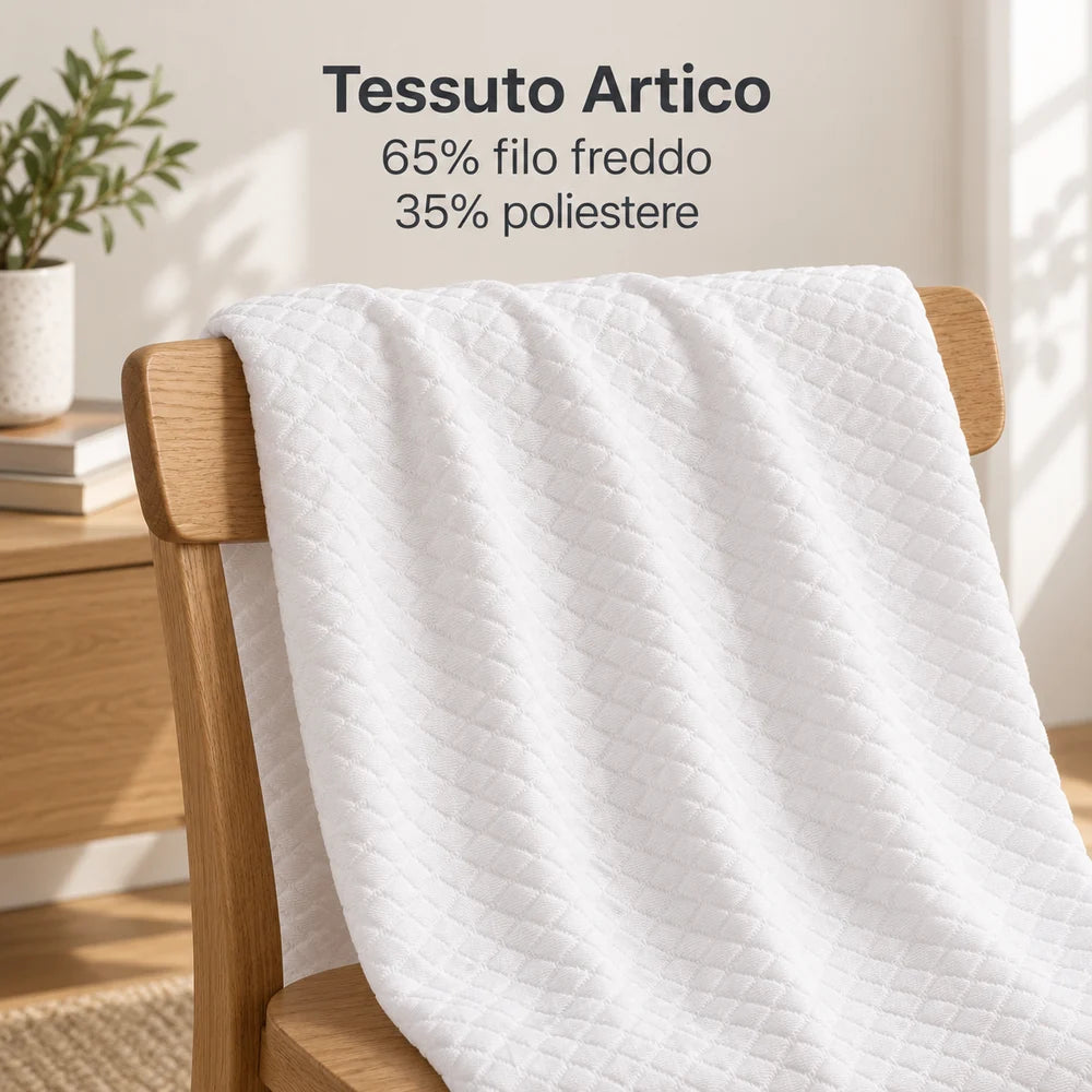 Tessuto Artico. 65% filo freddo. Foto illustrativa del copriguanciale Artico Bianco. Guanciale, imbottiture, arredi e accessori esclusi.