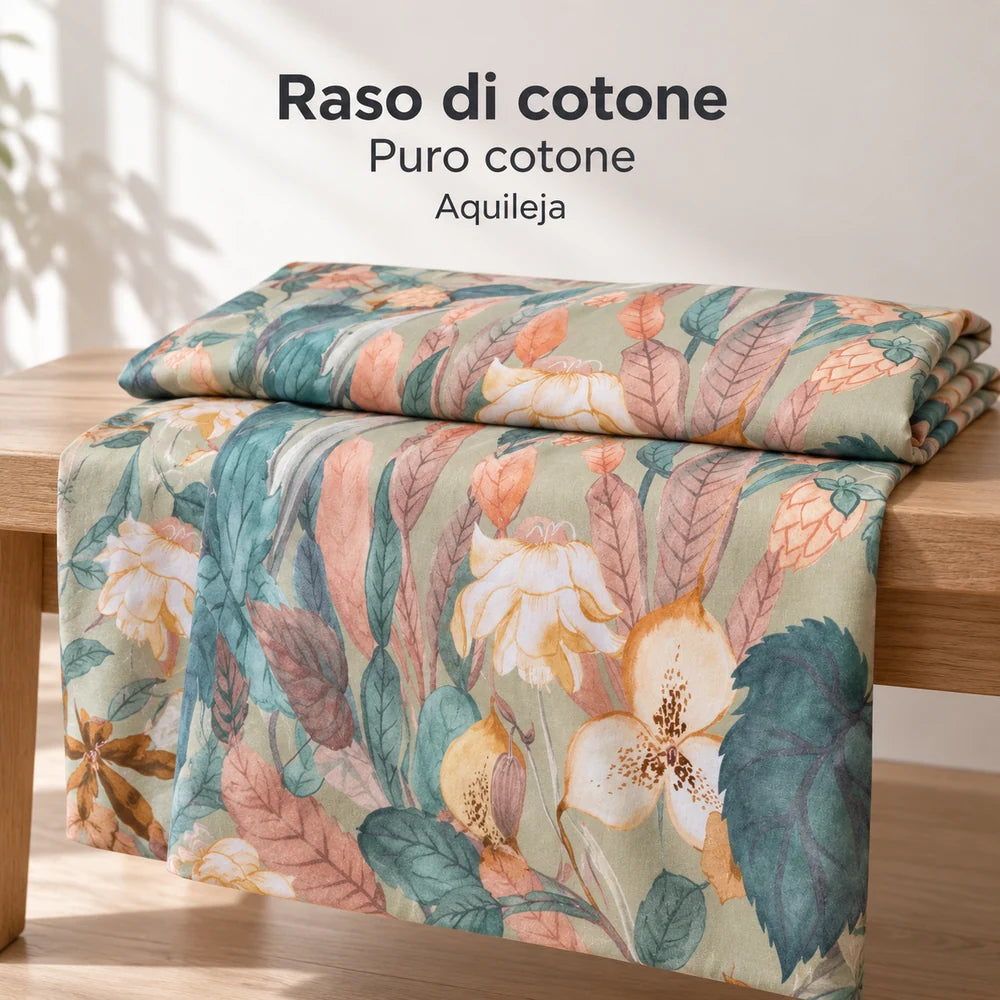 Illustrazione del tessuto in raso di puro cotone nella fantasia Aquileja. Guanciali, materasso, letto e arredi esclusi.