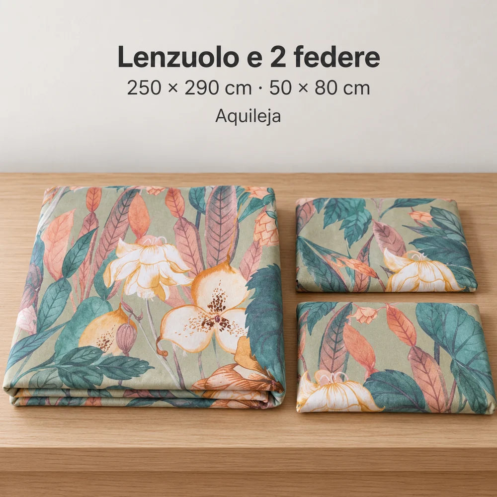 Illustrazione del lenzuolo Aquileja e delle due federe, nelle misure 250 × 290 e 50 × 80 cm. Guanciali, materasso, letto e arredi esclusi.
