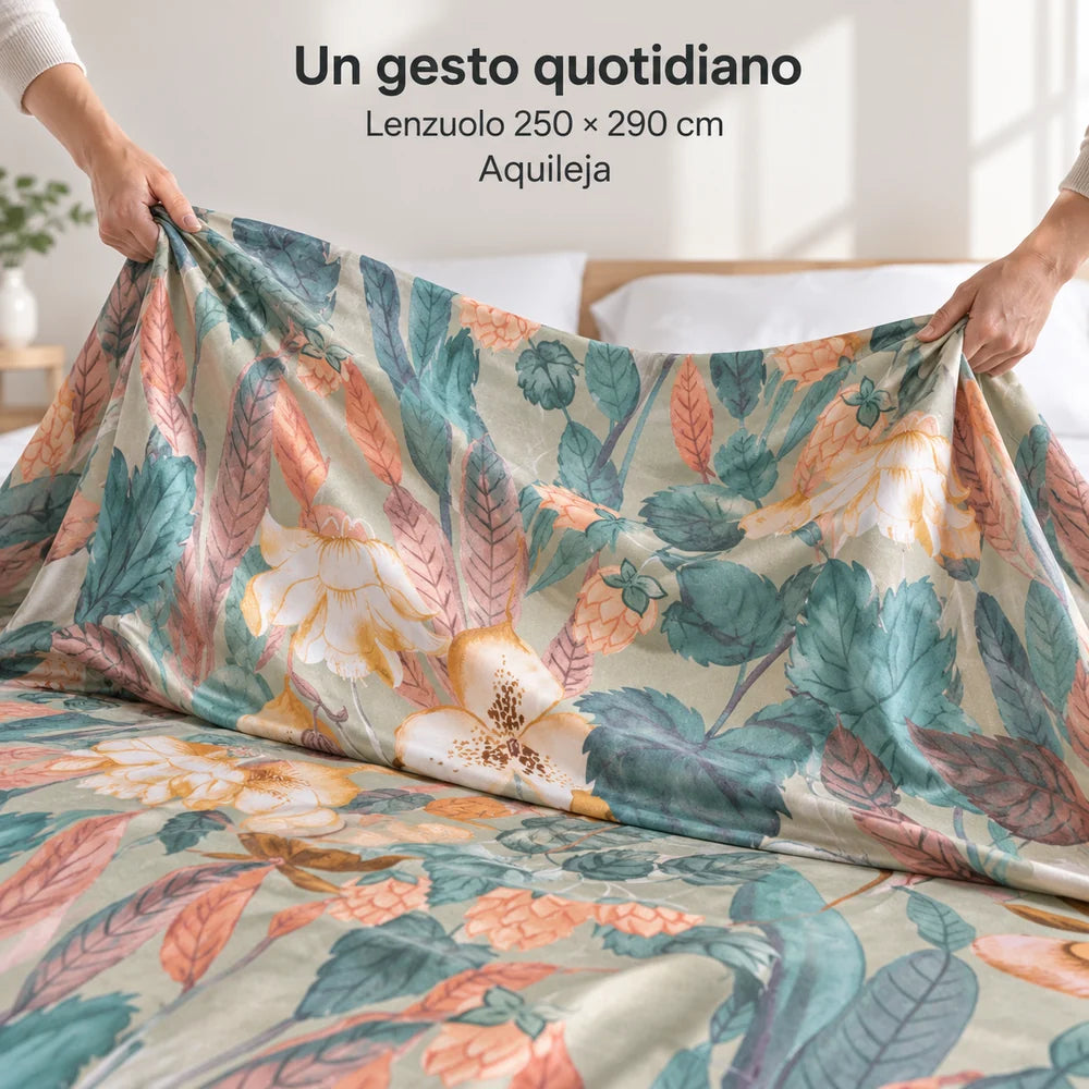 Illustrazione di un gesto quotidiano con il lenzuolo Aquileja da 250 × 290 cm. Guanciali, materasso, letto e arredi esclusi.